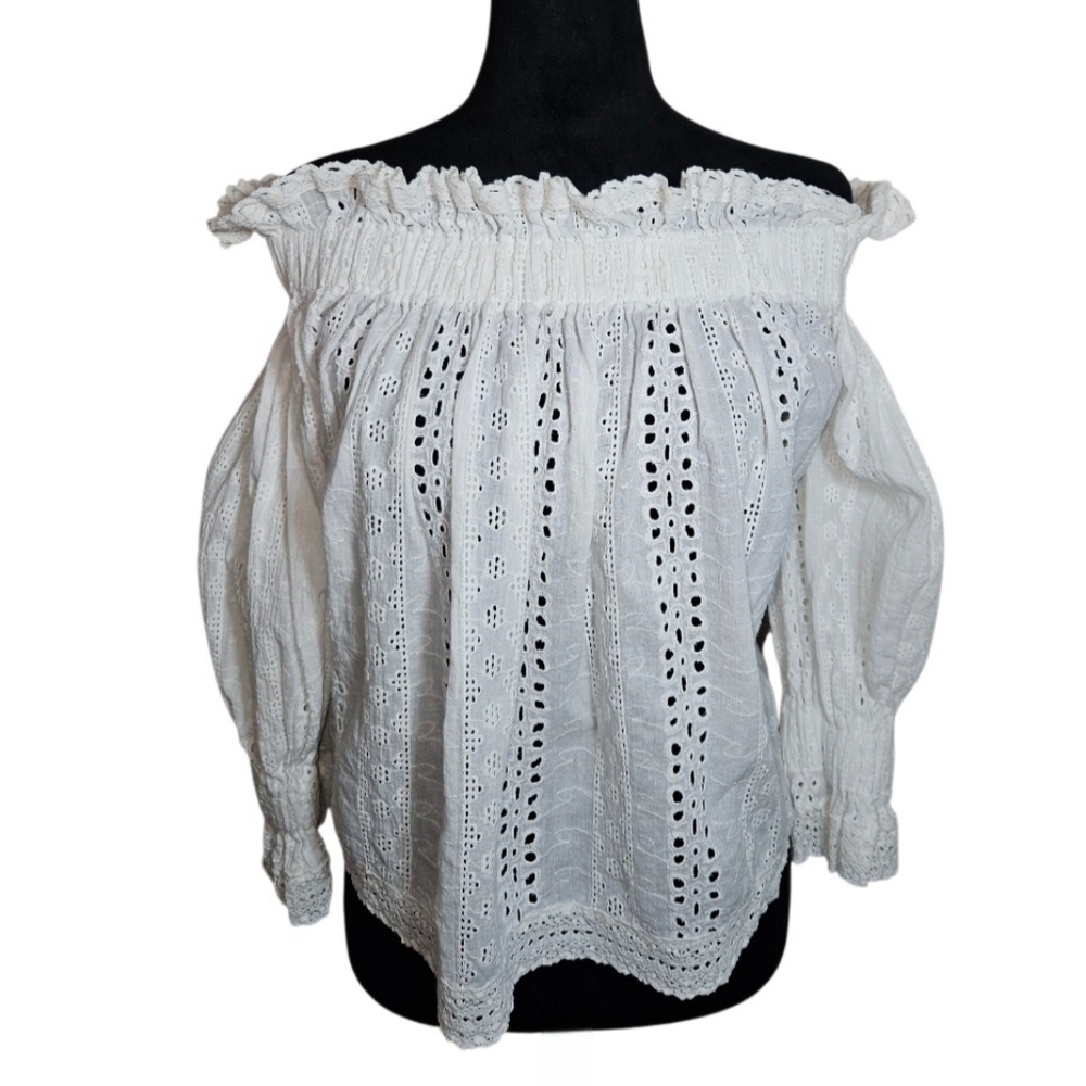 Endless Rose White Eyelet Boho Cloud  Dancer Off-the-Shoulder Cropped Top Size L